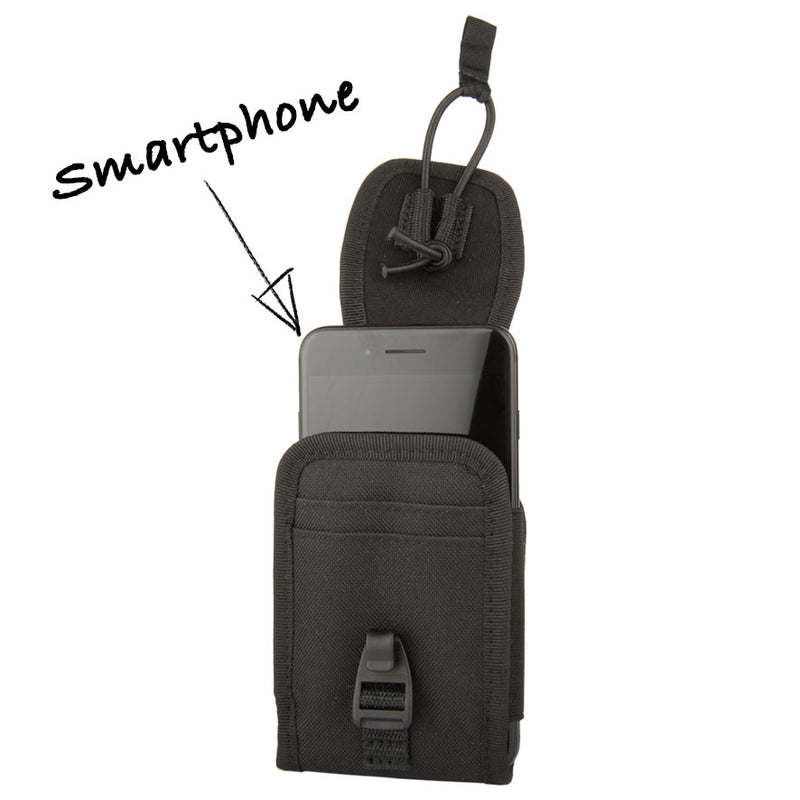 Setwear smartphone pouch aperta con un iphone nero all'interno con freccia che indica all'utente che si tratta di una borsa setwear per cellulari
