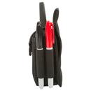 Set wear radio pouch fodero per ricetrasmittenti da cintura vista laterale piena con un walkie talkie e due pennarelli in primo piano inseriti nelle fessure elastiche laterali uno rosso ed uno nero